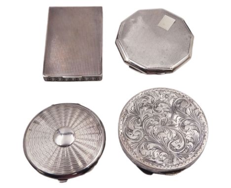 Four silver mounted compact mirrors, including an Art Deco example, with engine turned decoration and blank cartouche to cove