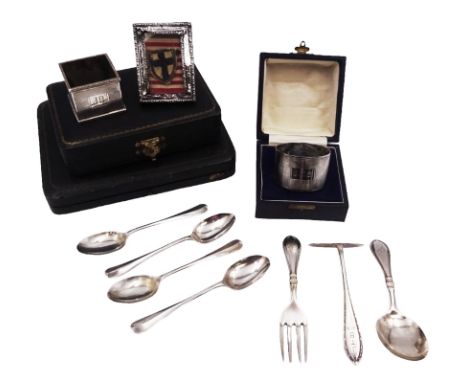 Group of silver, comprising two engraved napkin rings, Christening fork and spoon, engraved with name, similar pusher, four t