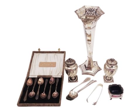 Group of silver, comprising trumpet vase, pair of pepper shakers, open salt, cased set of six silver spoons and other silver 