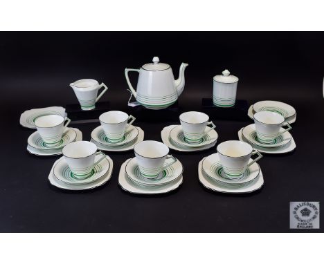 Art Deco Tea Service 27 Piece Salisbury Crown China, White With Geometric Green Lines And Black Edge. Comprising 8 Cups, Sauc