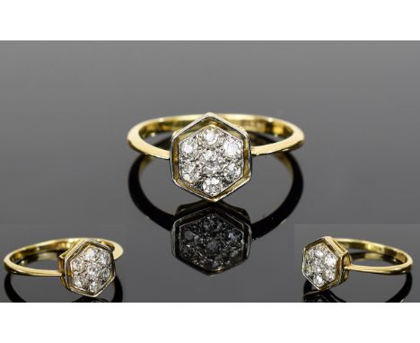Ladies - Vintage 18ct Gold Set Diamond Cluster Ring. The Six Sided Setting with Eight Nice Quality Diamonds within of Good Co