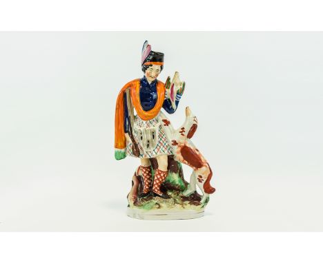 Staffordshire 19th Century Figure Group of a Scottish Highlander Standing and Wearing Highland Attire of Hat with Feathers, O