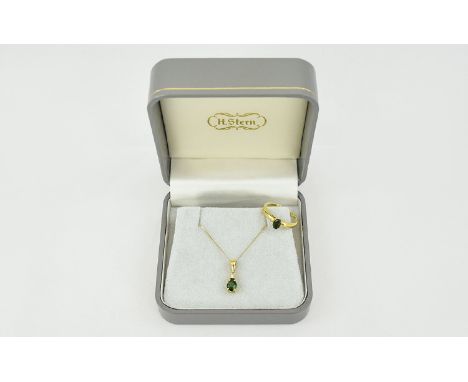 18ct Gold Brazilian Green Tourmaline Pendant, Pear Shaped Tourmaline Below A Round Modern Brilliant Cut Diamond, Suspended On