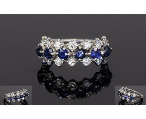 Sapphire And Diamond Dress Ring, Set With Two Rows Of 14 Round Modern Brilliant Cut Diamonds Between 6 Round Cut Sapphires, U