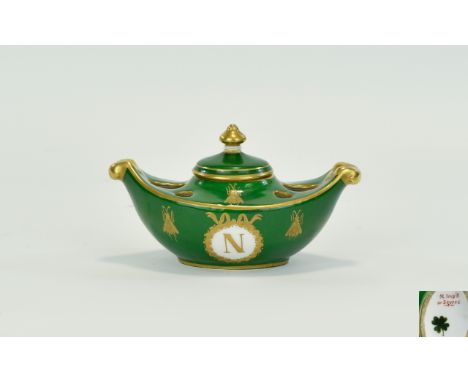 French First Empire 1804 - 1815 Period Sevres Style Lidded Ink Well In Green Colour and Painted Gold Decoration, Script to Un