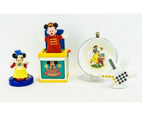 Collection of Disney Memorabilia. Includes Calculator Shaped Mickey Mouse Glove, Snow White Bowl, Mattel Plastic Musical Box,