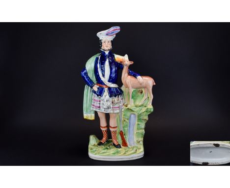 Staffordshire Pottery 19th Century Large Hand Painted and Impressive Flat Back Figure of a Highland Chief Standing Dressed In