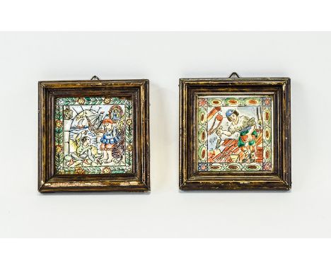 A Pair Of Late Nineteenth Century Decorative Figurative Tiles two ceramic tiles, possibly Dutch or Portuguese in origin. Each