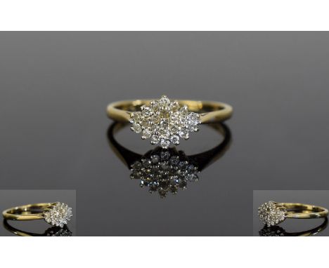 Ladies 9ct Yellow Gold Set Diamond Cluster Ring with Bright Diamonds, Est Diamond Weight 50 pts. Fully Hallmarked - Please Se