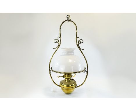 Antique - Nice Quality Brass Hanging / Ceiling Oil - Kerosene Lamp, Complete with Original Milk Glass Shade and Glass Chimney