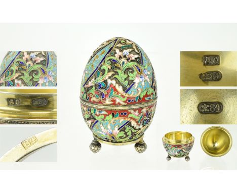 Russian Very Fine Silver Gilt and Enamel / Cloisonne Egg and Stand. Decorated Throughout In Various Wonderful Coloured and Sh
