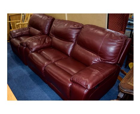 Modern Burgundy Leather Sofa, Comprises 3 Separate Chairs, That Form to Make One, Two Seater & Single Chair. 