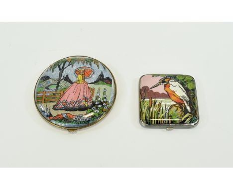 Two Vintage Foiled Powder Compacts A pair of unusual 1930's compacts with intricate foiled ground and illustrative overlay. T