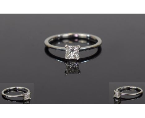 Platinum Diamond Solitaire Ring, Set With A Princess Cut Diamond, Estimated Diamond Weight .40ct, J Colour. SI1 Clarity, Full