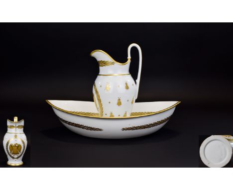 French First Empire 1804 - 1815 Period Limoges Painted Gold and White Water Jug and Bowl, with Imperial Eagle. Bowl 14 Inches