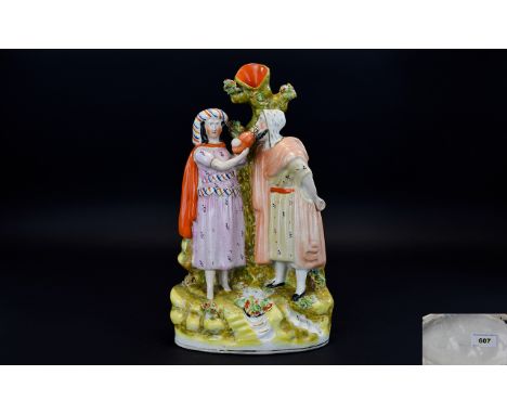 Staffordshire - 19th Century Hand Painted Figural Group Spill Vase of Rebekah and Abraham's Servant at The Well, She Wearing 