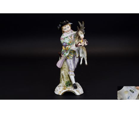 Sitzendorf - 19th Century Fine Quality Hand Painted Figure of a Musician Carrying a Black Headed Goat, Playing Pan Pipes, Mod