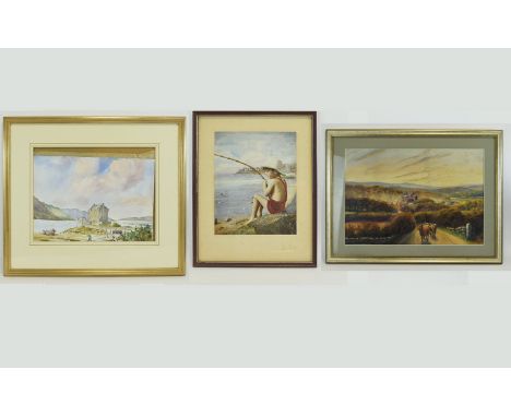 A Collection Of Framed Watercolours And A Hand tinted Photographic Print Three in total to include one large watercolour in a
