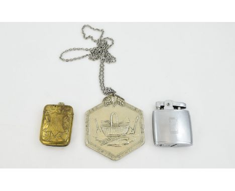 An Edwardian Brass Vesta Case Along With An Unusual Gardening Interest Medal Small brass vesta case with with foliate engravi