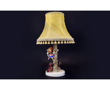 M.J. Hummel Hand Painted Figural Table Lamp ' Little Girl up a Tree ' Little Dog with Her Shoe. c.1950's. Height 12 Inches - 