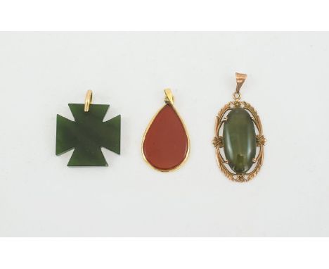 A Collection of 9ct Gold Mounted Stone Set Pendants ( 3 ) In Total. Includes 1/ A Polished Jade Stone Set In a 9ct Rose Gold 