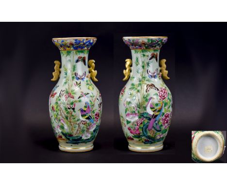 A Superb Quality 19th Century Chinese Enamel Twin Handle Vase. Decorated Profusely with Painted Enamel Images of Exotic Birds