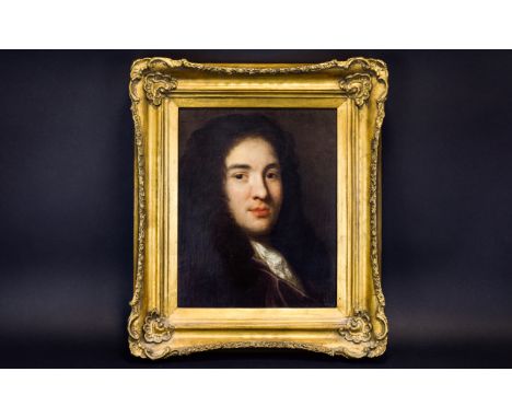 17thC Oil On Canvas, Portrait Of A Gent, Title To Reverse Sir William Temple By Sir Peter Lely, 15 x 12 Inches. Gilt Broad Pe