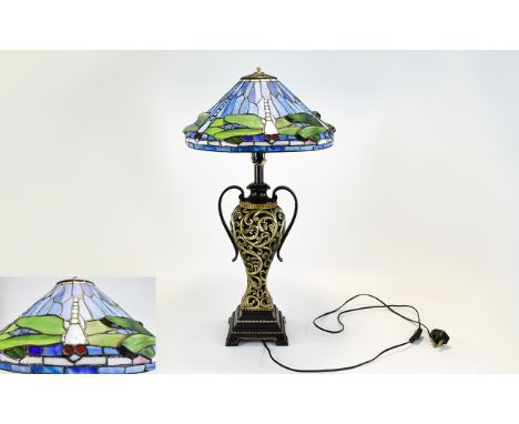 Tiffany Style Large and Impressive Table Lamp with Ornate Open worked Metal Twin Handle Urn Shaped Stand with Tiffany Style S