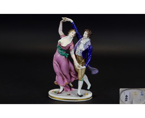 German Figure of a Regency Style Dancing Couple, the lady in a flowing, low cut lilac pink dress with a green sash, pale pink