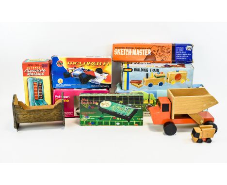 Mixed Lot Of Toys Comprising Wooden Truck, Peter Pan Chocolate Machine, KDN Tinplate Tractor, Miniature Crib etc