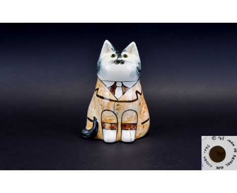 Joan De Bethel Rye Studio Art Pottery Handpainted Ceramic Cat Figure Whimsical cat with hand painted brown suit and tie, grey