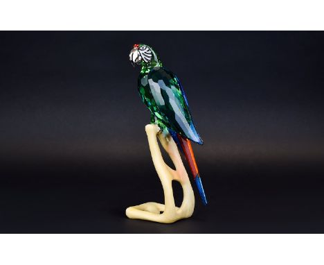 Swarovski Large Multifacted Crystal Figure From The Birds Of Paradise Collection ' Macaw' Chrome/Green Designed by Roland Sch