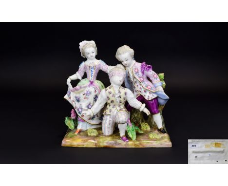 Unter Weiss Bach Hand Painted Porcelain Early Figure Group ( 3 ) Children Playing Blind-Mans Bluff Party Game, Dressed In 18t