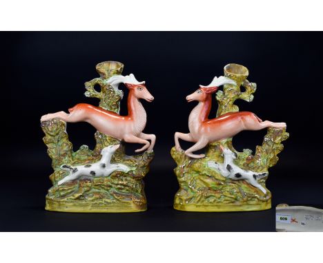 Staffordshire Pottery 19th Century Fine Pair of Figural Large Spill Vases In The Form of a Leaping Stag with Hunting Dogs, Sa