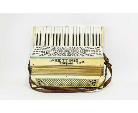 Vintage Soprani Settimio Three 120 Piano Accordion Finished in cream pearlescent bakelite, the makers mark 'Settimio' inlaid 