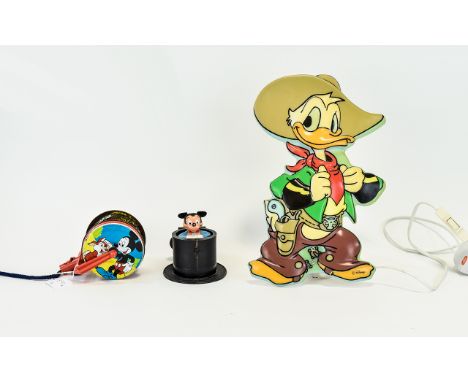 Disney Memorabilia. Vintage Donald Duck Plastic Lamp ( Not Tested ) 13 Inches High & 8 Inches Wide & Vintage Mickey Mouse Tin