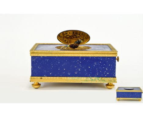 Reuge Music Box Gilt Brass Lapis Lazuli Singing Bird Automaton Reuge Music, Sainte Croix Made In Switzerland. circa 1980's. F