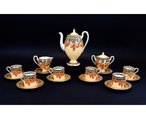 Wedgwood - Stunning Painted Floral Enamel ( 17 ) Piece Coffee Set From 1900 - 1920 Period. Comprises Coffee Pot, 6 Cups and 6