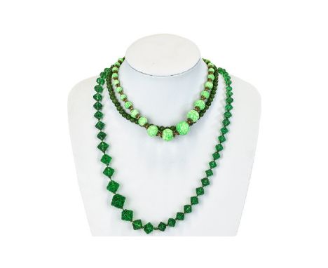A Collection Of Vintage Bohemian Glass And Jade Necklaces Three items in total, to include impressive long green glass gradua