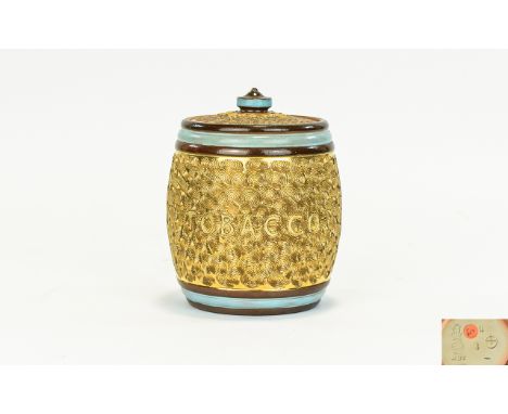 Royal Doulton - Gilt Circle Lidded Tobacco Jar, Decorated with Continuous Whorls, Enamel Colours to Top and Bottom Rims. c.19