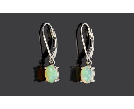 Opal Solitaire Drop Earrings, oval cut opals of 1ct, set in platinum vermeil and silver lever back fittings