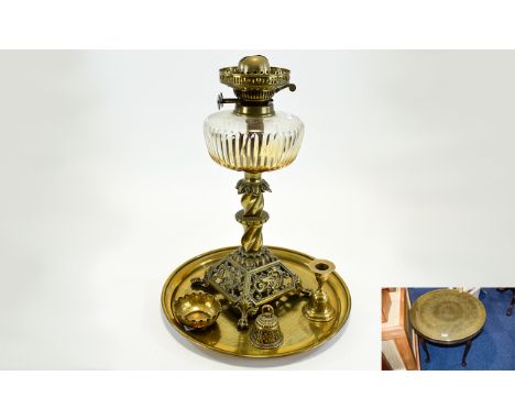 Circular Brass Topped Side Table. Together with a brass Oil Lamp. PLus a couple of brass oddments.