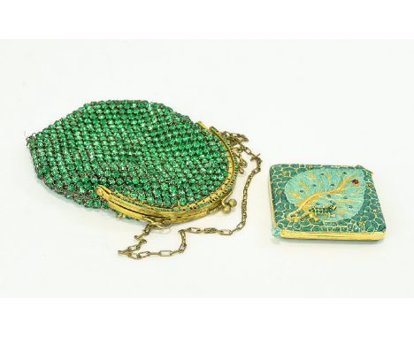 A Vintage Crystal Stone Set Chain Mail 1930's Evening Bag A delicate Absinthe green crystal top clasp bag with attached pale 