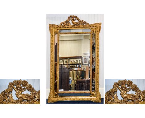 Early to Mid 20th Century Large and Impressive Ornate Carved Gilt Wood and Gesso Cushion Mirror. In Original State with Carve