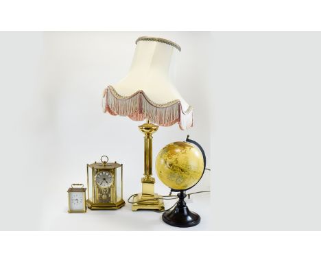 Small Collection of Household Items comprising World Globe on stand, brass column table lamp with cream shade and pink tassel