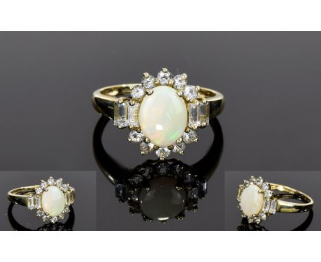 Ladies 9ct Gold Set Baguette Brilliant Cut Diamond and Opal Cluster Ring. Fully Hallmarked. 3 grams. As New Condition. 