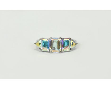 Mercury Mystic Topaz Five Stone Band Ring, a central, octagon cut 1.75ct topaz flanked by two slightly smaller octagon cuts, 