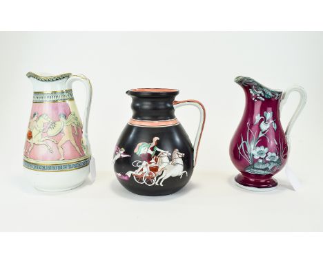 Three Various Victorian Transfer Printed and Colour Glazed Jugs comprising an Ashworth wide bodied jug showing a sepia tinted