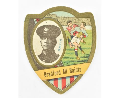 J. Baines Ltd. Trading Cards. An early 20th century circa 1910 Bradford All Saints Gold Medal Football Trade Card in shield s