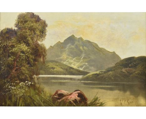 R. C. Snell (British) - a circa 1900 oil on canvas landscape painting with river in the foreground and mountainous landscape 